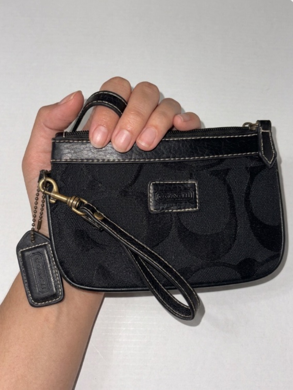 Coach Black Signature Wristlet with Leather Trim